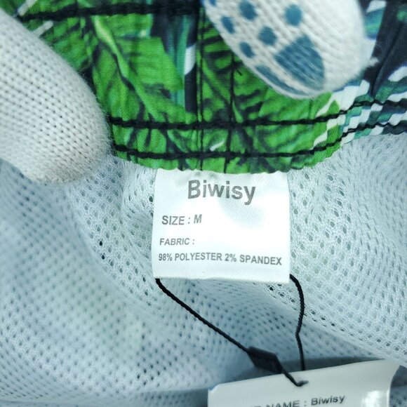 Biwisy Swim Shorts Mens Medium Green Trunks Palm Trees Mesh Lined All Over Print - Picture 4 of 11